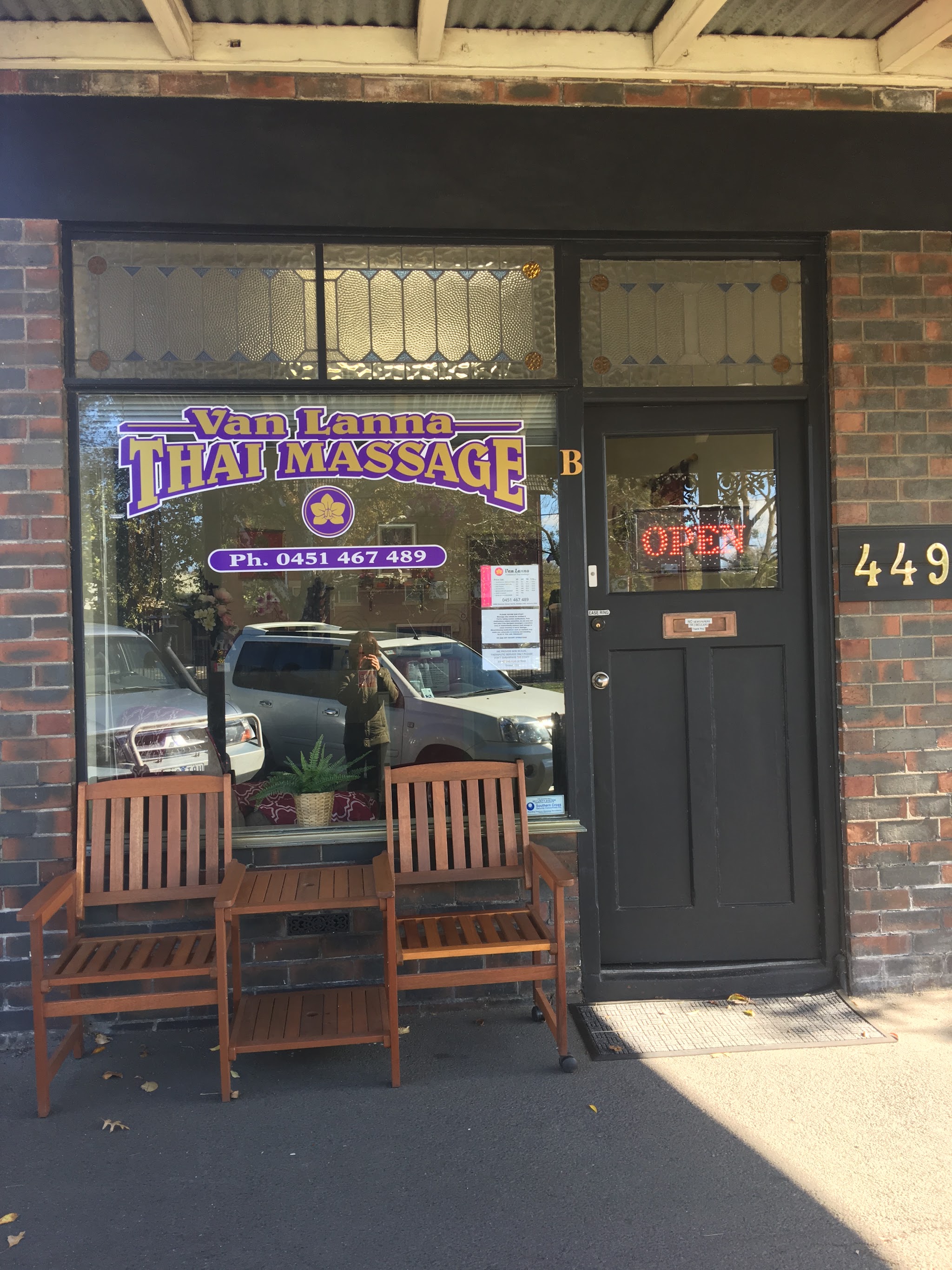 The Van Lanna Thai Massage shopfront on Doveton Street North with the open sign lit